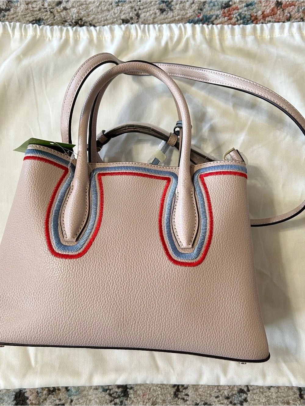 kate spade light pink leather satchel with navy and red trim
